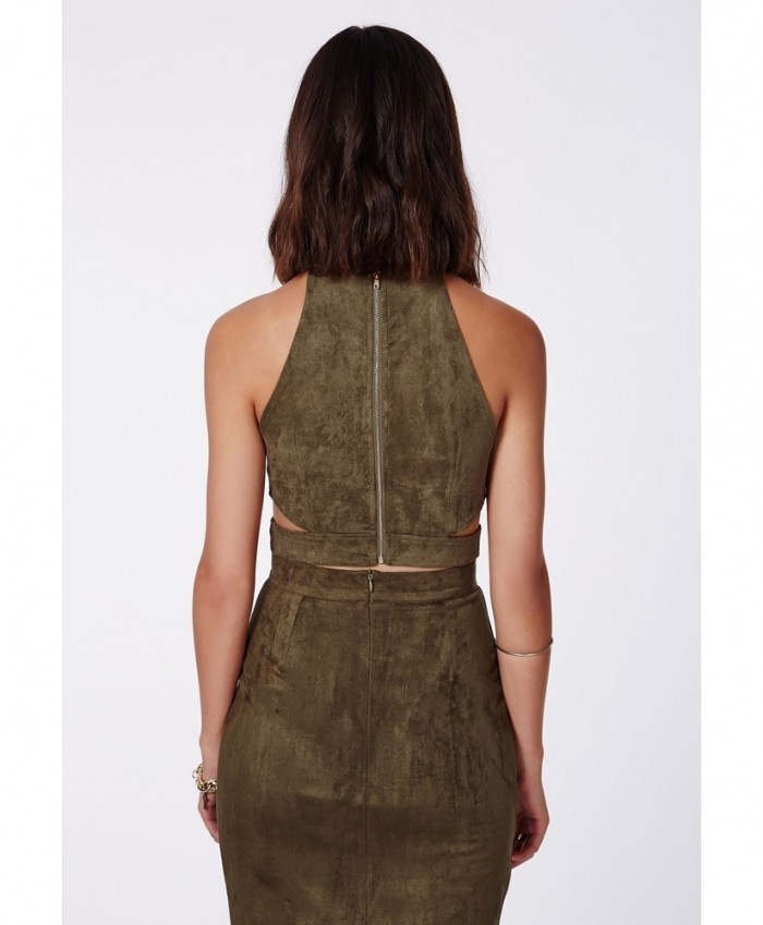 Draya Michele's London Zenaba Nabi Cut Out Olive Green Suede Crop Top and Matching Skirt