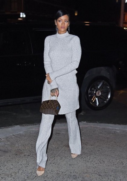 hot-or-hmm-rihannas-nobu-restaurant-in-new-york-city-celine-winter-2014-long-tunic-and-flare-trousers-and-louis-vuitton-x-frank-gehrycelebrating-monogram-collection-twisted-box-bag
