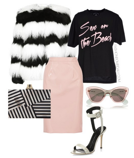 What to Wear to Art Basel Miami Alice + Olivia Verity Monochrome Striped Fur Coat Filles A Papa T-shirt Marc By Marc Jacobs Emi Vinyl Pencil Skirt Giuseppe Zanotti Strappy Patent Leather Sandals Kelly Wearstler Fractured Clutch