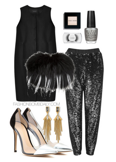 What to Wear to a Holiday Party 2014 Topshop Two-Tone Sequin Joggers Simone Roche Sleeveless Egg Coat Gianvito Rossi Metallic Leather and Transparent Pump Alexander McQueen Punk Fur Clutch