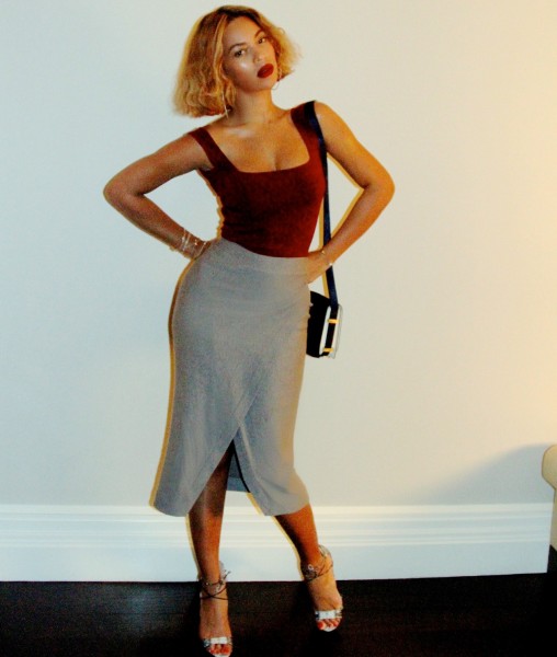 Splurge: Beyonce's Torn by Ronny Kobo Rumya Solid Bodysuit and Enza Costa Midi Wrap Skirt 