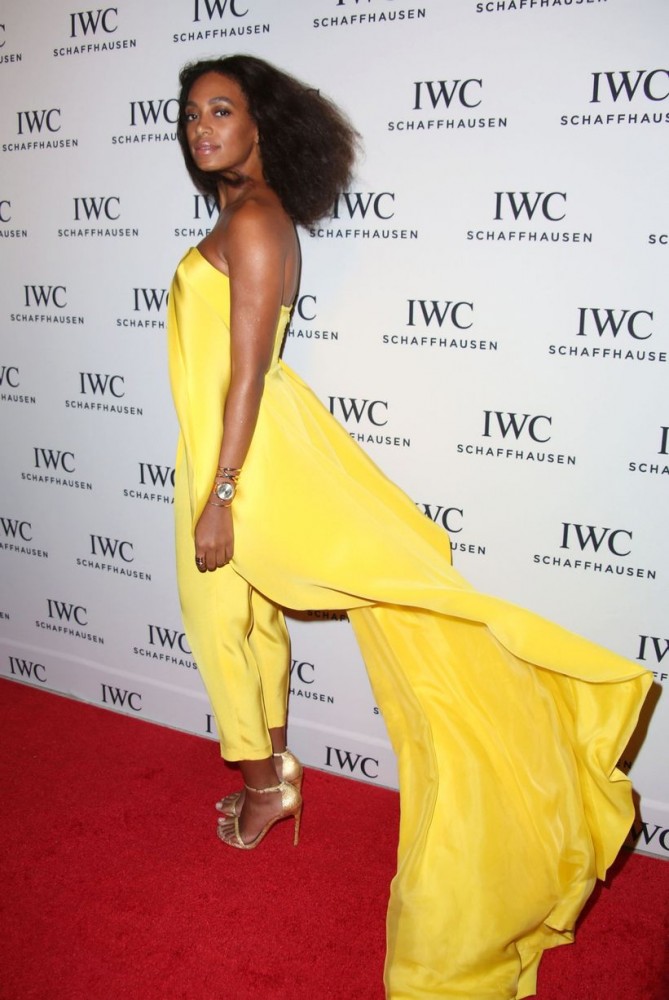 4 Solange Knowles's IWC Art Basel Event Christian Siriano Spring 2015 Yellow Asymmetrical Top and Cigarette Pants