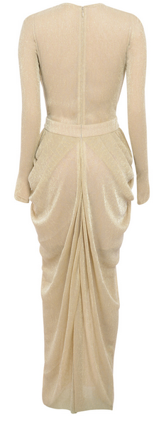 000 Lala Anthony's Jordan 30th Anniversary Dinner House of CB Bianca Nude Shimmer Long Sleeve Chiffon Maxi Dress