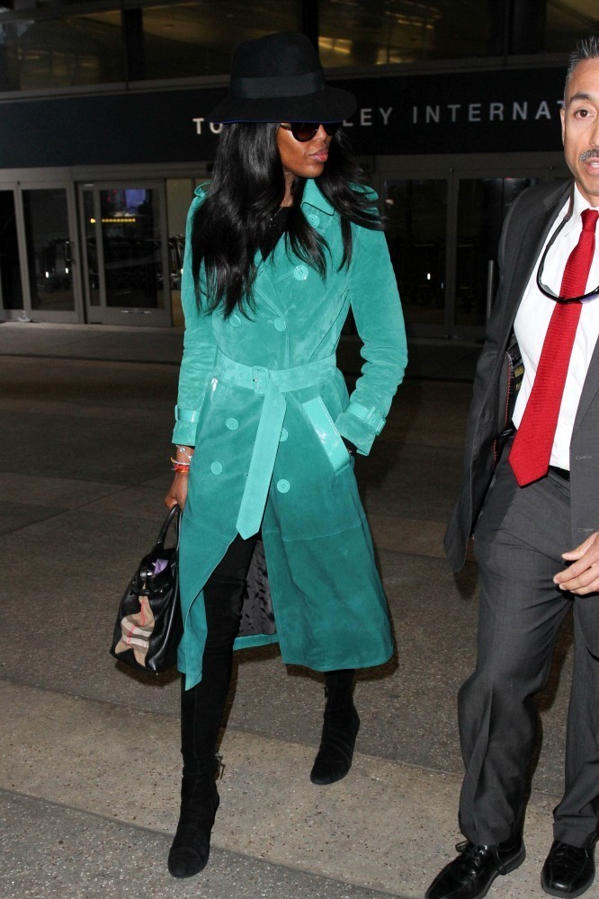 2 Naomi Campbell's LAX Airport Burberry Prorsum Green Double Breasted Suede Trench Coat