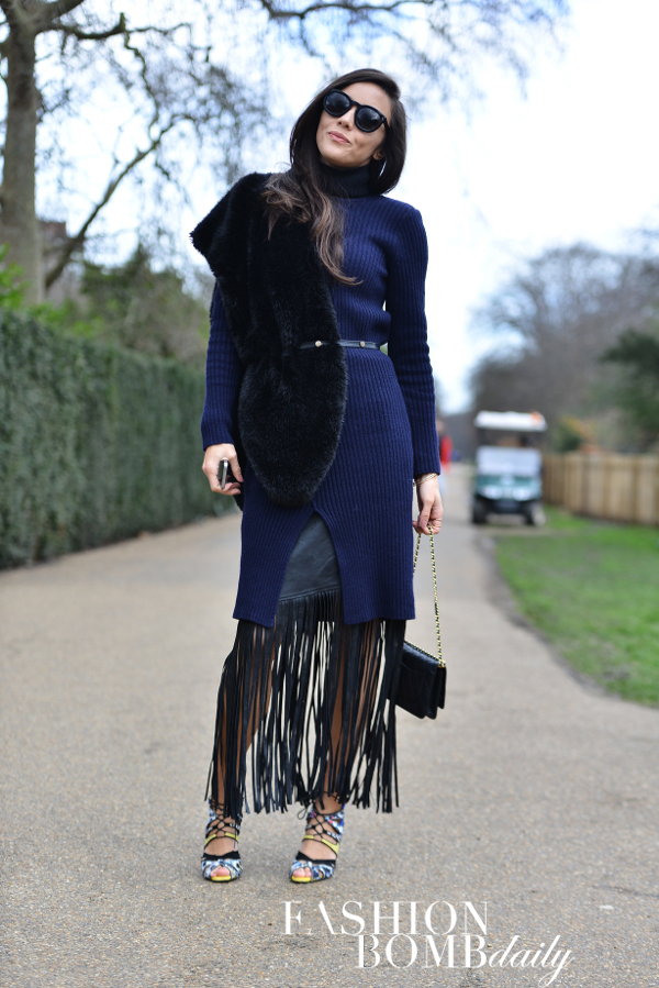 A fringed, fur laden ensemble was given pop by lace up Zara sandals. Image by David Nyanzi