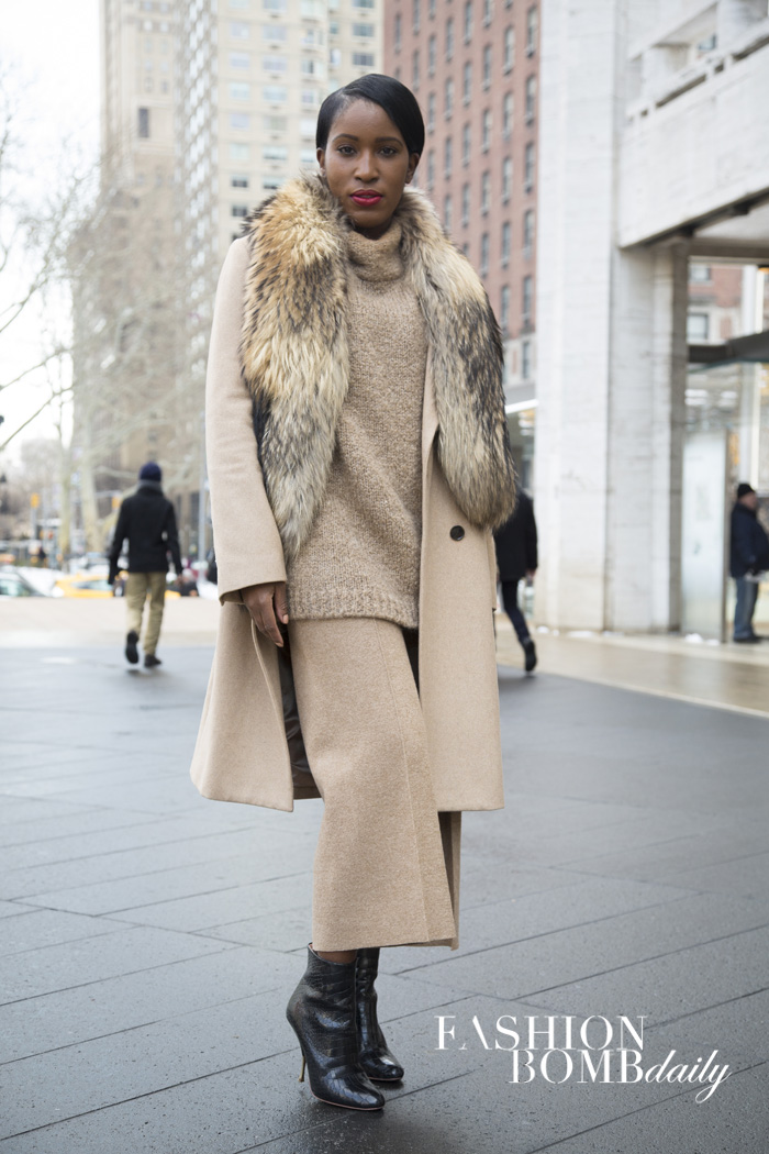 Designer Sharika embraced a monochromatic look in light brown Zara separates. Image by Brandon Isralsky.
