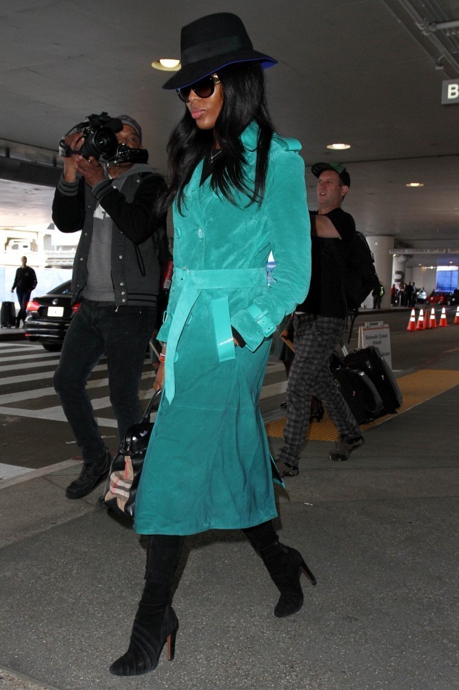 Naomi Campbell's LAX Airport Burberry Prorsum Green Double Breasted Suede Trench Coat
