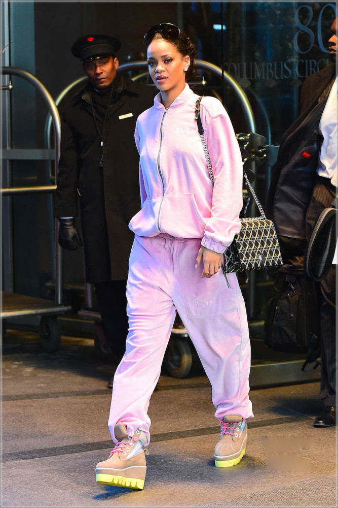 4-Rihanna's-New-York-City-Sean-Jean-Pink-Velour-Sweatsuit,-Dior-Diorama-Printed-Black-and-Yellow-Bag,-and-Degen-Platform-Boots-