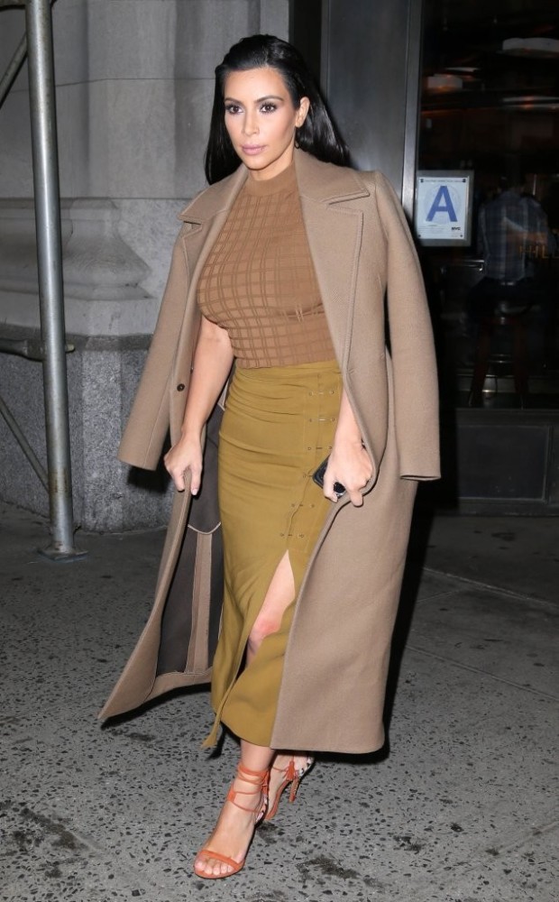 7 Kim Kardashian's New York City Dinner A.L.C.'s Max Brown Knit Top and Dean Olive Pencil Skirt + Her Sophie Theallet Black Coat, Lace Top, and White Legged Pants