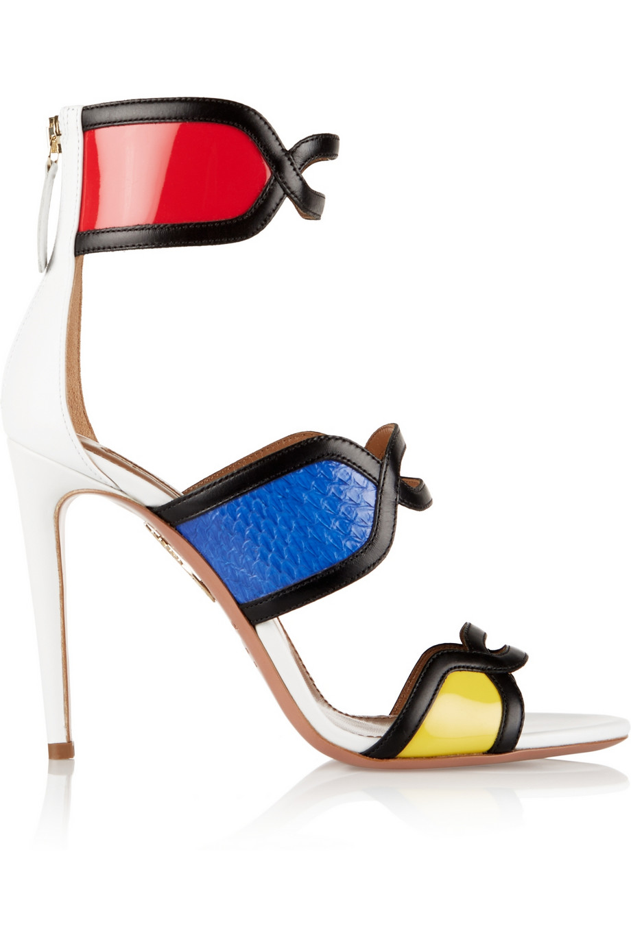 Aquazzura It's Gorgeous Leather and Elaphe Yellow, Blue, and Red Colorblcok Sandals