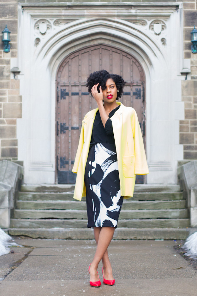 Nailah from Detroit Yellow Spring Jacket, Midi Skirt and Blouse, Red Pumps JC Penney (9 of 20)
