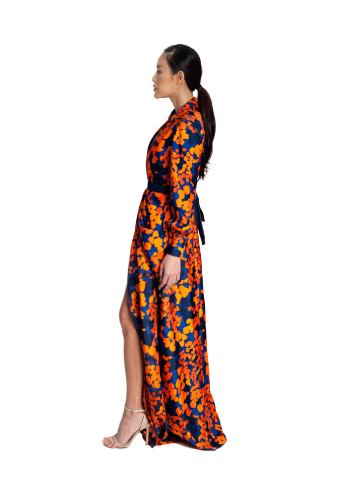 0 0 Garcelle Beavais's American Black Film Festival Simply Intricate Orange and Navy Blue Silk Printed Trench Dress