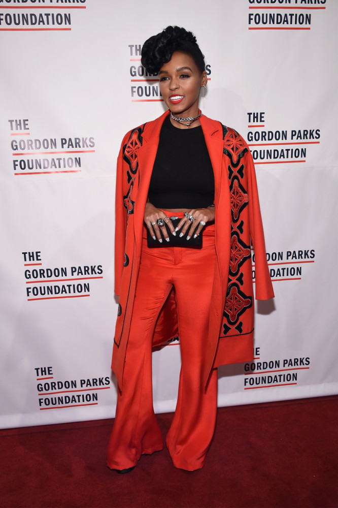 4  Janelle Monae's Gordon Parks Foundation Tracy Reese Red and Black Embroidered Jacket and Vatanika Wide Legged Pants