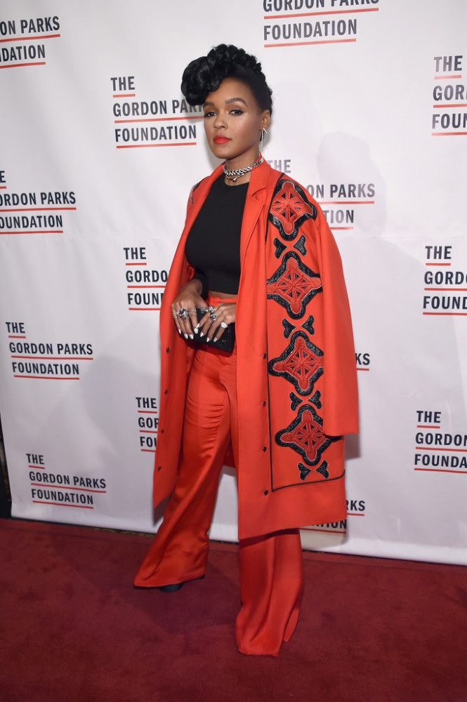 5  Janelle Monae's Gordon Parks Foundation Tracy Reese Red and Black Embroidered Jacket and Vatanika Wide Legged Pants