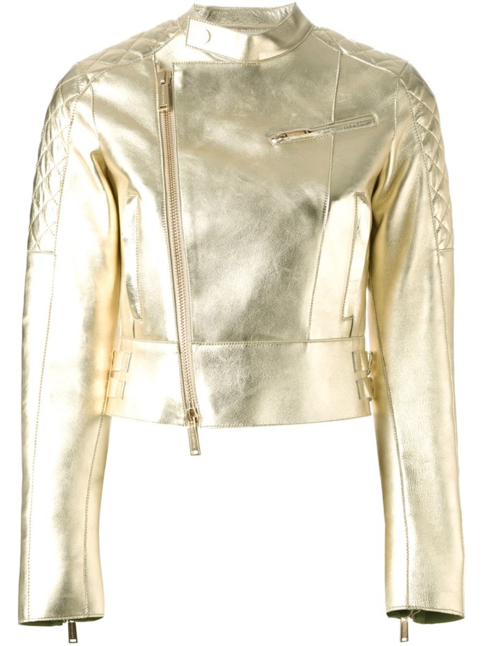 8 Cassie's DSquared2 Cocktail Party DSquared2 Spring 2015 Gold Quilted Jacket, White Crop Top, and Red Pants