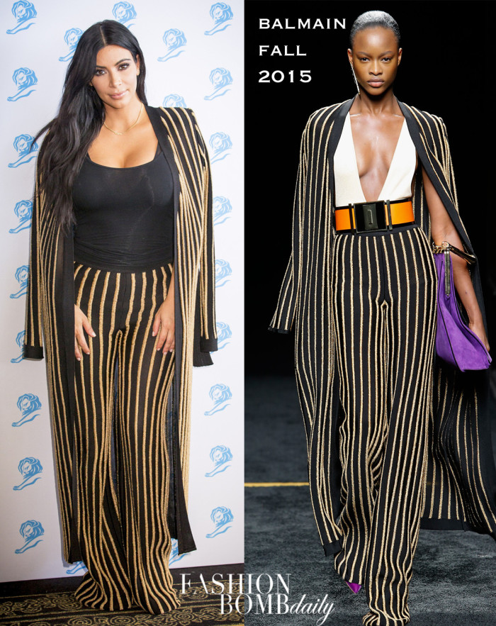 _8-Kim-Kardashian-West's-Cannes-Lion-Film-Festival-Balmain-Fall-2015-Black-and-Gold-Striped-Jacket-and-Pants
