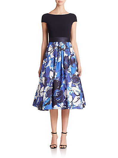 888 Uzo Aduba's Live with Kelly and Michael Theia Boatneck Cap Sleeve Dress with Floral Twill Printed Skirt