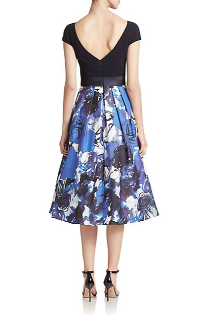 888 Uzo Aduba's Live with Kelly and Michael Theia Boatneck Cap Sleeve Dress with Floral Twill Printed Skirt