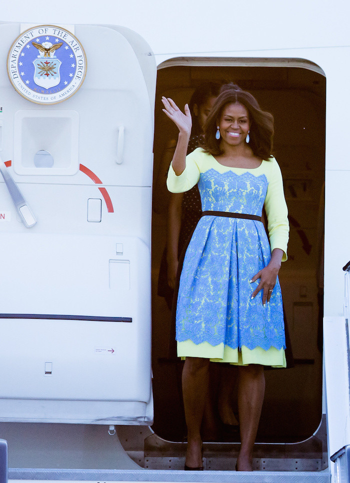 Large quantity future grain First Lady Michelle Obama Wears Preen by Thornton Bregazzi Neon and Blue  Lace Lou Dress for Trip to the UK