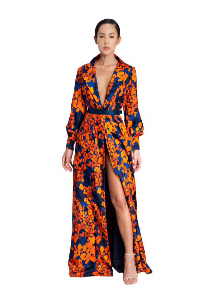 Garcelle Beavais's American Black Film Festival Simply Intricate Orange and Navy Blue Silk Printed Trench Dress