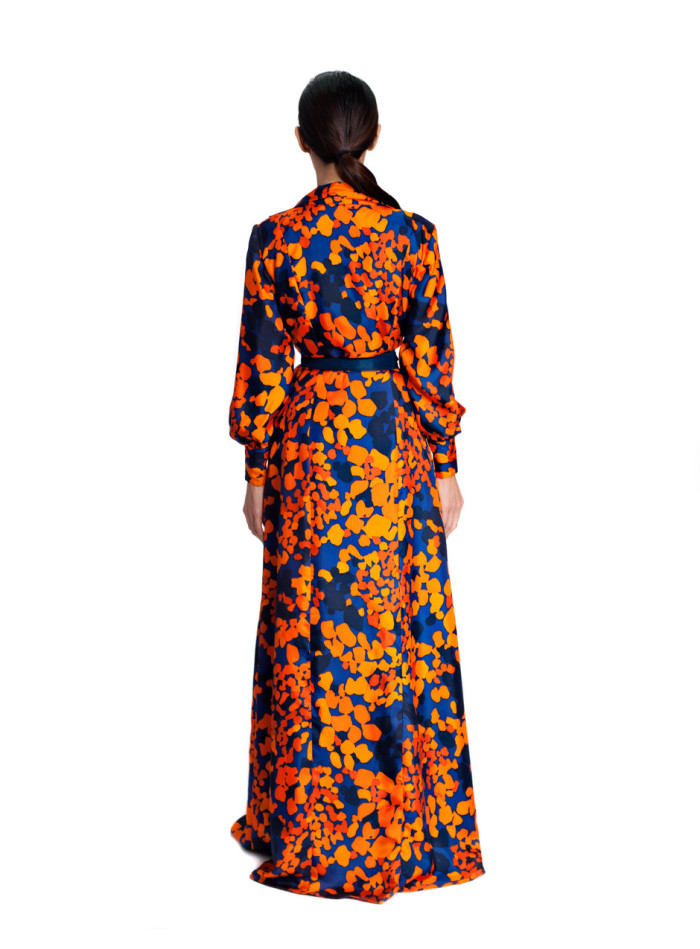 Garcelle Beavais's American Black Film Festival Simply Intricate Orange and Navy Blue Silk Printed Trench Dress 9