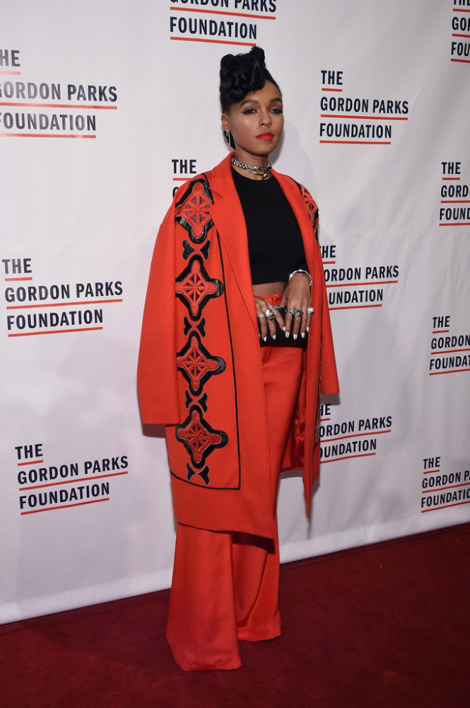Janelle Monae's Gordon Parks Foundation Tracy Reese Red and Black Embroidered Jacket and Vatanika Wide Legged Pants