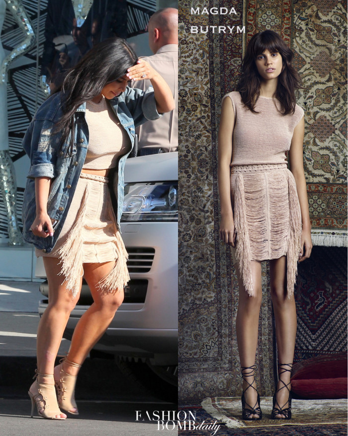 _-Kim-Kardashian's-Dash-LA-Store-R13-Denim-Jacket,-Magda-Butrym-Fringed-Knit-Top-and-Skirt,-and-Aquazzura-Nude-Sandals
