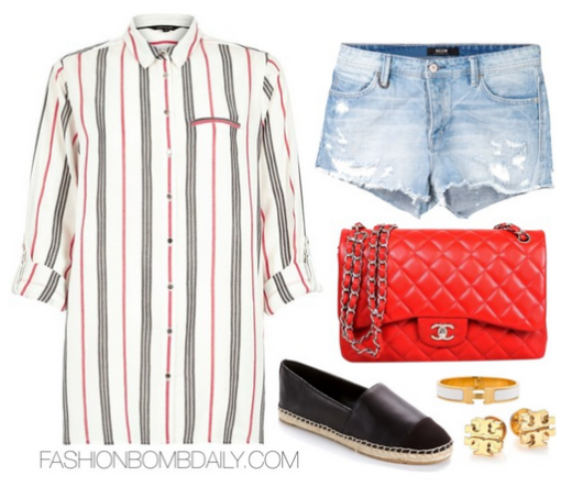What to Wear for the Fourth of July River Island Red Stripe Shirt Neuw Denim Distressed Shorts Vince Camuto Leather Espadrille Slip-On Shoes Chanel Caviar Shoulder Bag