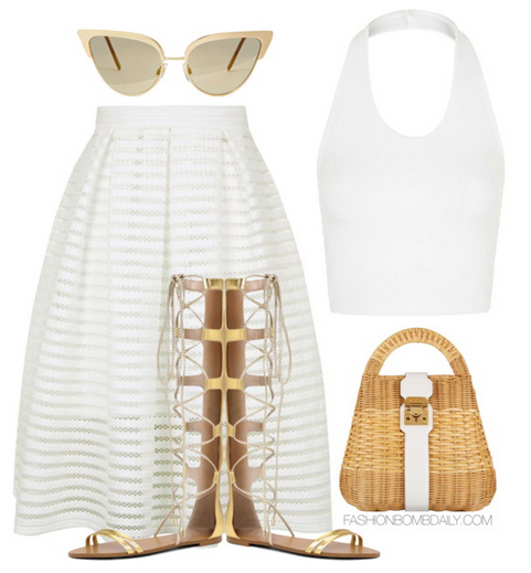 What to Wear for the Fourth of July Topshop Ribbed Halterneck Crop Top Topshop Airtex Striped Prom Skirt Aldo Umarelle Gladiator Sandals Mark Cross Manray Satchel Nasty Gal x Quay Minx Shades
