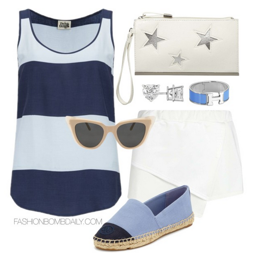 What to Wear for the Fourth of July Twist and Tango Ida Vest Top Boohoo Plus Nadia Embossed Asymmetric Skort Dorothy Perkins White Star Wristlet Clutch Tory Burch Canvas Cap-Toe Espadrilles