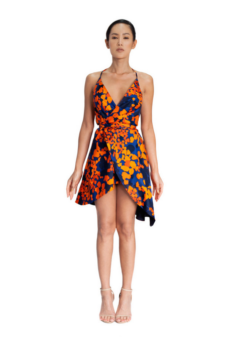 2 Simply Intricate's Blue and Orange Floral Asymmetrical Wrap Dress