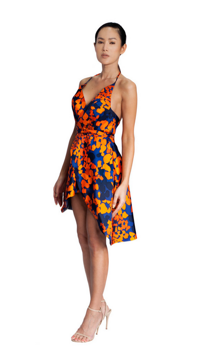 3 Simply Intricate's Blue and Orange Floral Asymmetrical Wrap Dress
