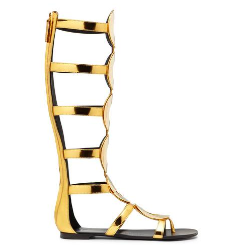 8989 Mary J Blige's Beverly Hills Giuseppe Zanotti Design Rylee Flat Knee High Gladiator Sandals in Mirrored Gold Leather