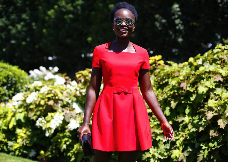 Lupita Nyongo Dior Couture Fall 2015 Custom Red Pleated Dior Couture Dress Dior So Real Sunglasses