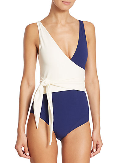 Rihanna's 4th of July Weekend Lisa Marie Fernandez Blue and White Colorblock Louise One Piece Swimsuit