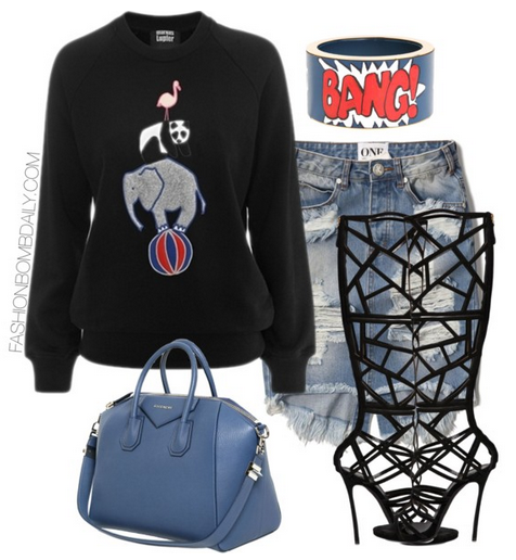 Style Inspiration LuisAviaRoma Markus Lupfer Circus Pile Up Applique Anna Sweatshirt One Teaspoon Skirt Dsquared2 120mm Suede Cage Boots Givenchy Medium Antigona Grained Leather Bag