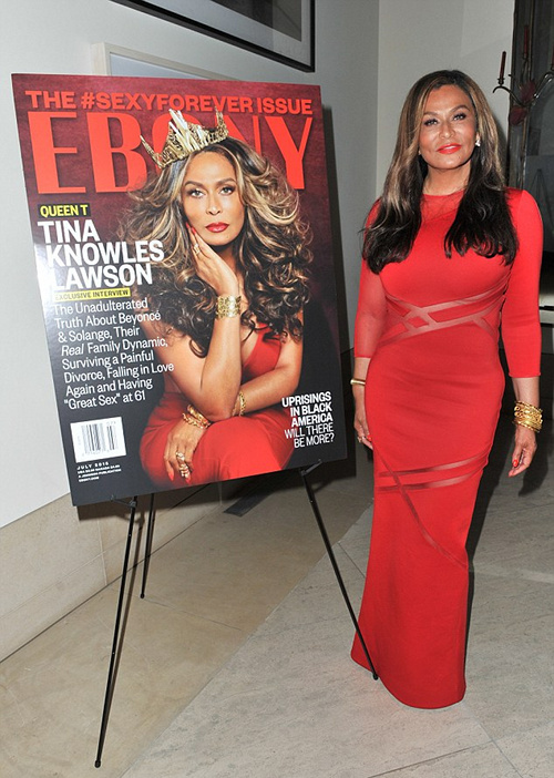 Tina Knowles Lawson's Ebony Magazine Celebration custom David Koma Cut Out Sheer Panel Red Gown