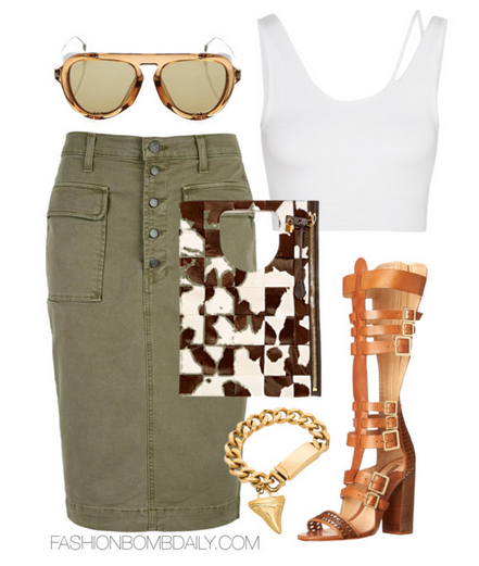 What to Wear to Essence Music Festival 2015 J Brand Ani Military Pencil Skirt Helmut Lang Cropped Top Tom Ford Bag Schutz Yvone Gladiator Sandal Gucci Metal-Blinker Aviator Sunglasses