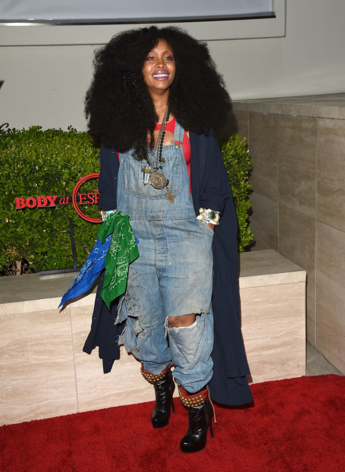 Yes, hair! Erykah Badu attended the BODY at ESPYs at Milk Studios in distressed overalls and beaded boots