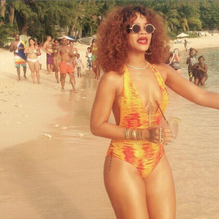 0 Rihanna's Barbados Vacation Gysea Swimwear Karijini Deep V Orange Reversible One Piece + Her Charlie by MZ Two Piece Bikini