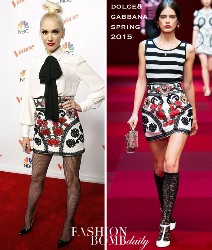 _00-Gwen-Stefani's-The-Voice-Season-9-Press-Junket-Elisabetta-Franchi-Fall-2015-White-Blouse-and-Dolce-&-Gabbana-Spring-2015-Embroidered-Skirt