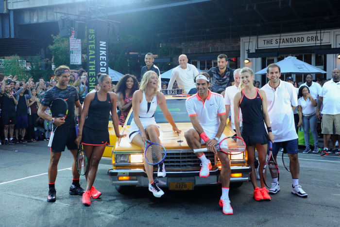 77 Serena Williams's NYC Street Tennis Event Nike Red Snake Print Tennis Dress