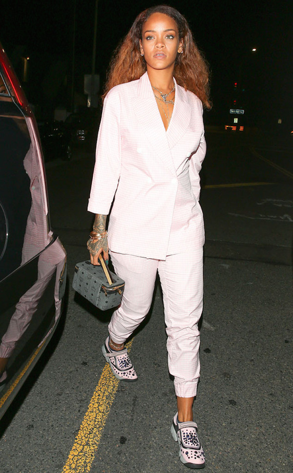 Bad gal Rihanna looked adorable in a gingham suit and Dior sneakers while out to dinner in Santa Monica