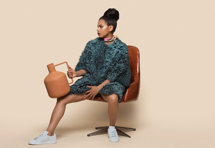 Solange x Puma's  'Word to the Woman'  Fall 2015 Collection light blue suede on model Mengly 2
