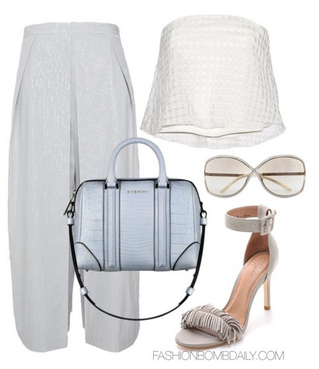 What to Wear to U.S. Open Tibi Checked Jacquard Bustier Top Tibi Pinstripe Culotte Pants Joie Pippi Fringe Suede Sandals Givenchy Antigona Bag Tom Ford Rickie Sunglasses