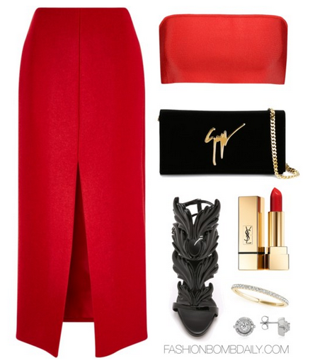 What to Wear to a Rooftop Birthday Dinner Balmain Bandeau Top Carven Slit Front Skirt Giuseppe Zanotti Metal Wing Sandal Giuseppe Zanotti Design Signature Clutch