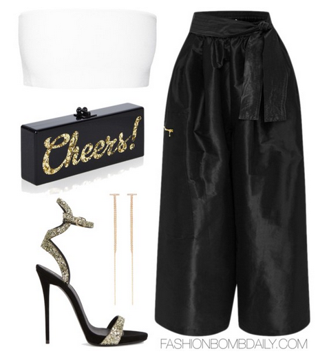 What to Wear to a Rooftop Birthday Dinner Balmain Bandeau Top Tome Taffeta Karate Pants Giuseppe Zanotti Coline Sandals Edie Parker Flavia Cheers Clutch