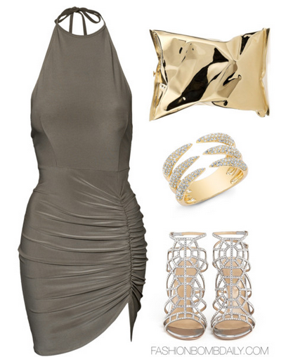 What to Wear to a Rooftop Birthday Dinner Ruched Thigh Dress Sergio Rossi Crystal Puzzle Sandal Anya Hindmarch Crisp Packet Metal Clutch