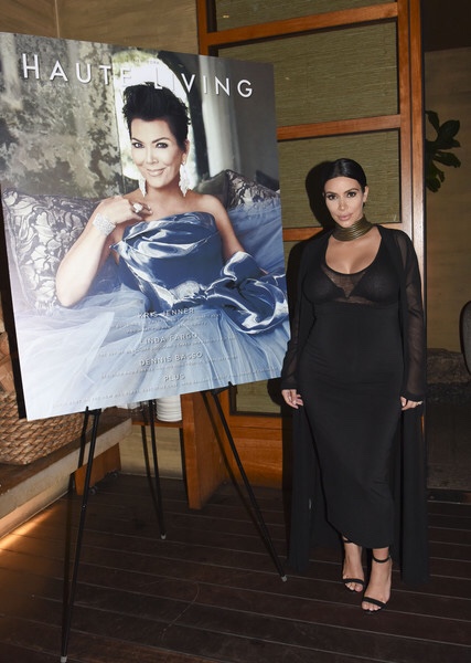 kim kardashian Kylie Jenner's Kris Jenner Haute Living Cover Celebration Mistress Rocks Exposure Taupe Cut Out Bandage Dress and Stuart Weitzman Pan Goose Napa Nudist Sandals