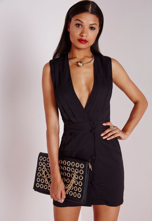 missguided crepe front tailored bodyon dress in black